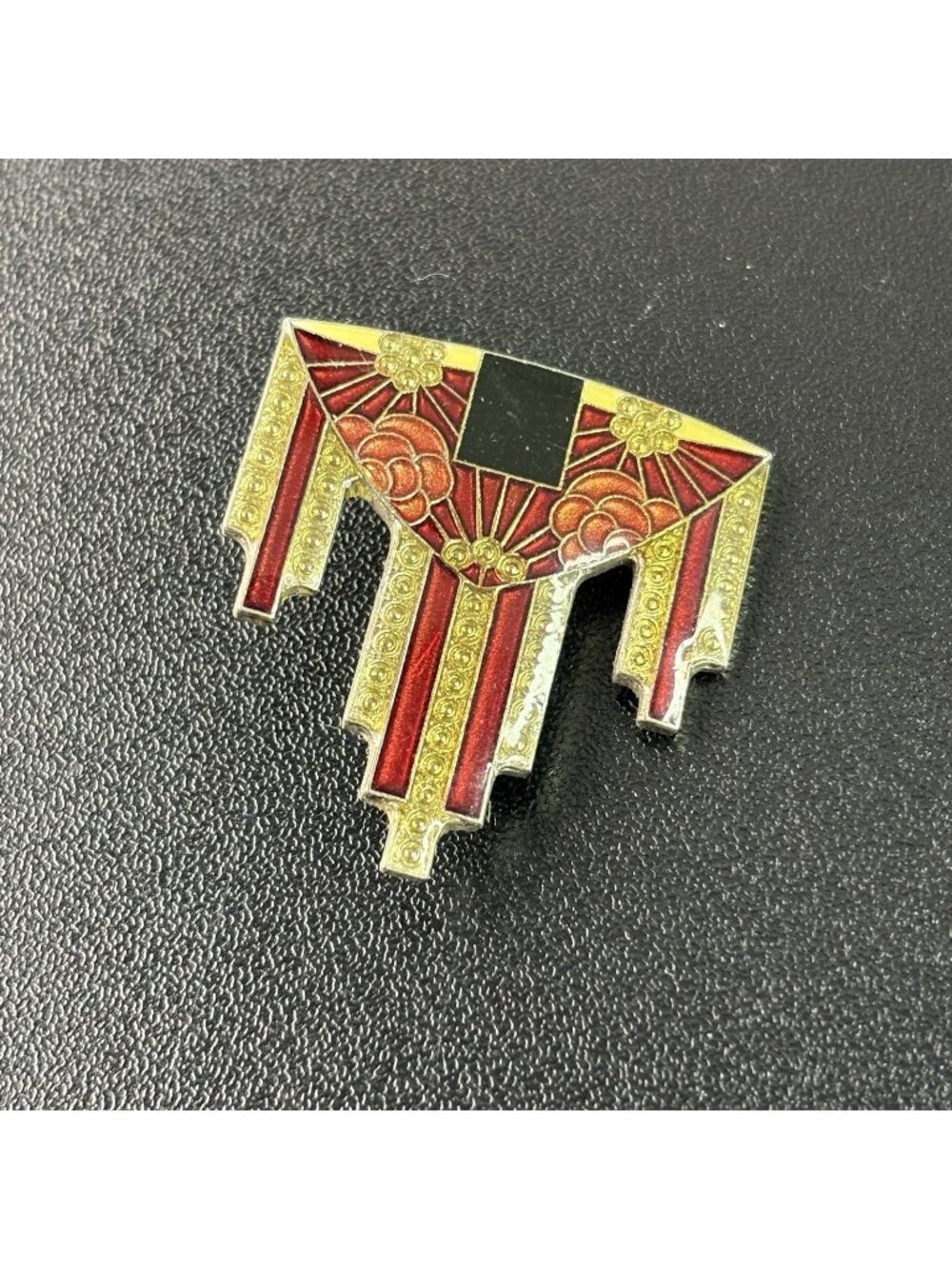 Vintage Art Deco Style Enamel Skyscraper Brooch Pin Red Yellow Geometric 1.5"